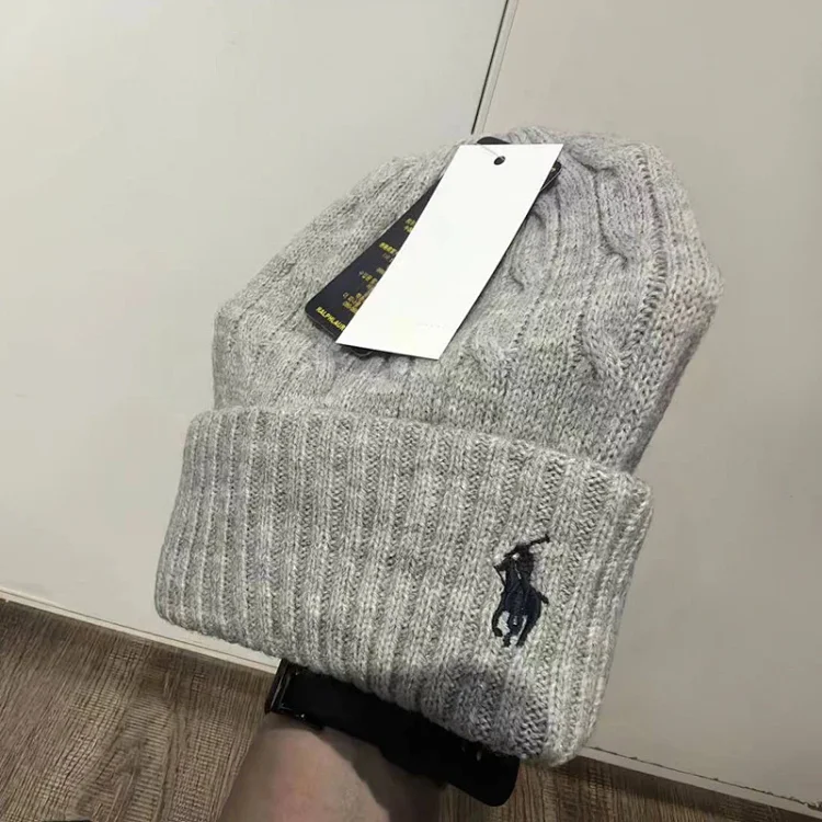 Ralph Lauren Gray Cable Knit Beanie with Pony Logo  Headwea